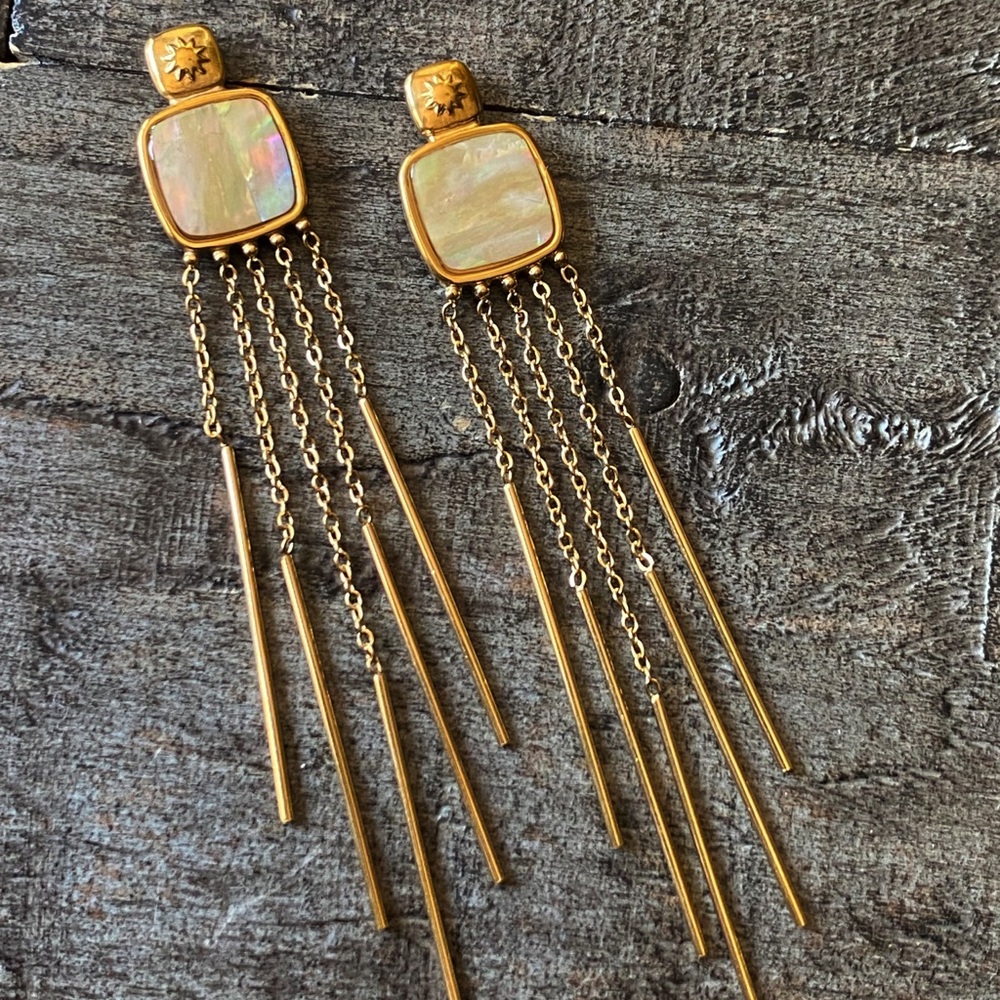 NEW Gold Iridescent Abalone Chain Tassel Dangle Earrings